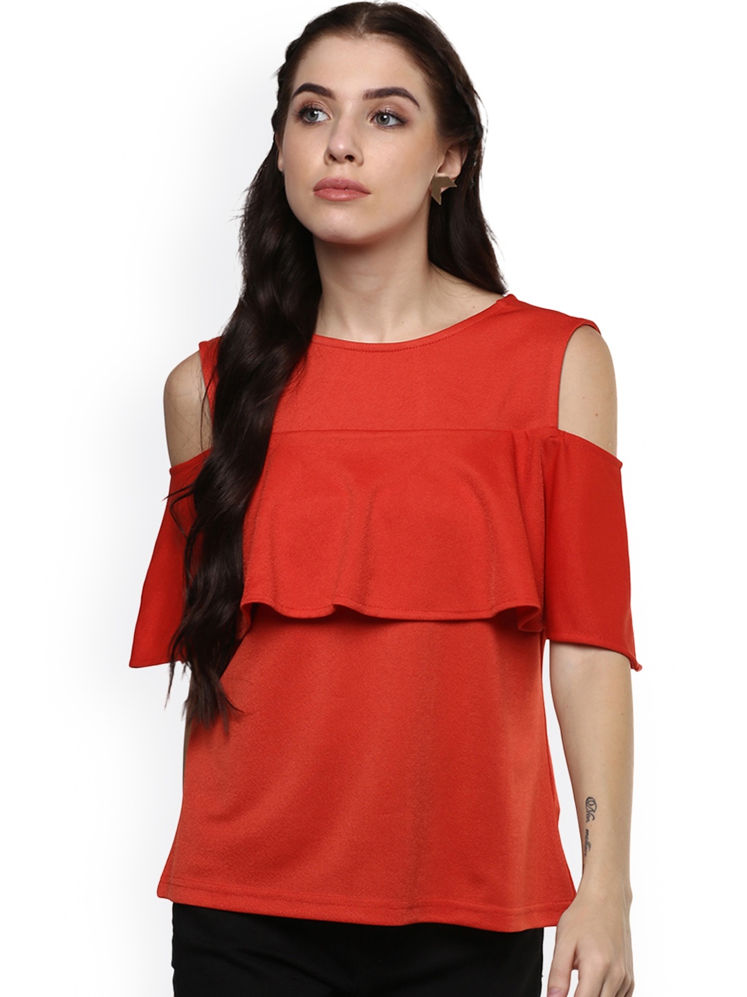 

Harpa Women Rust Red Solid Cold Shoulder Top