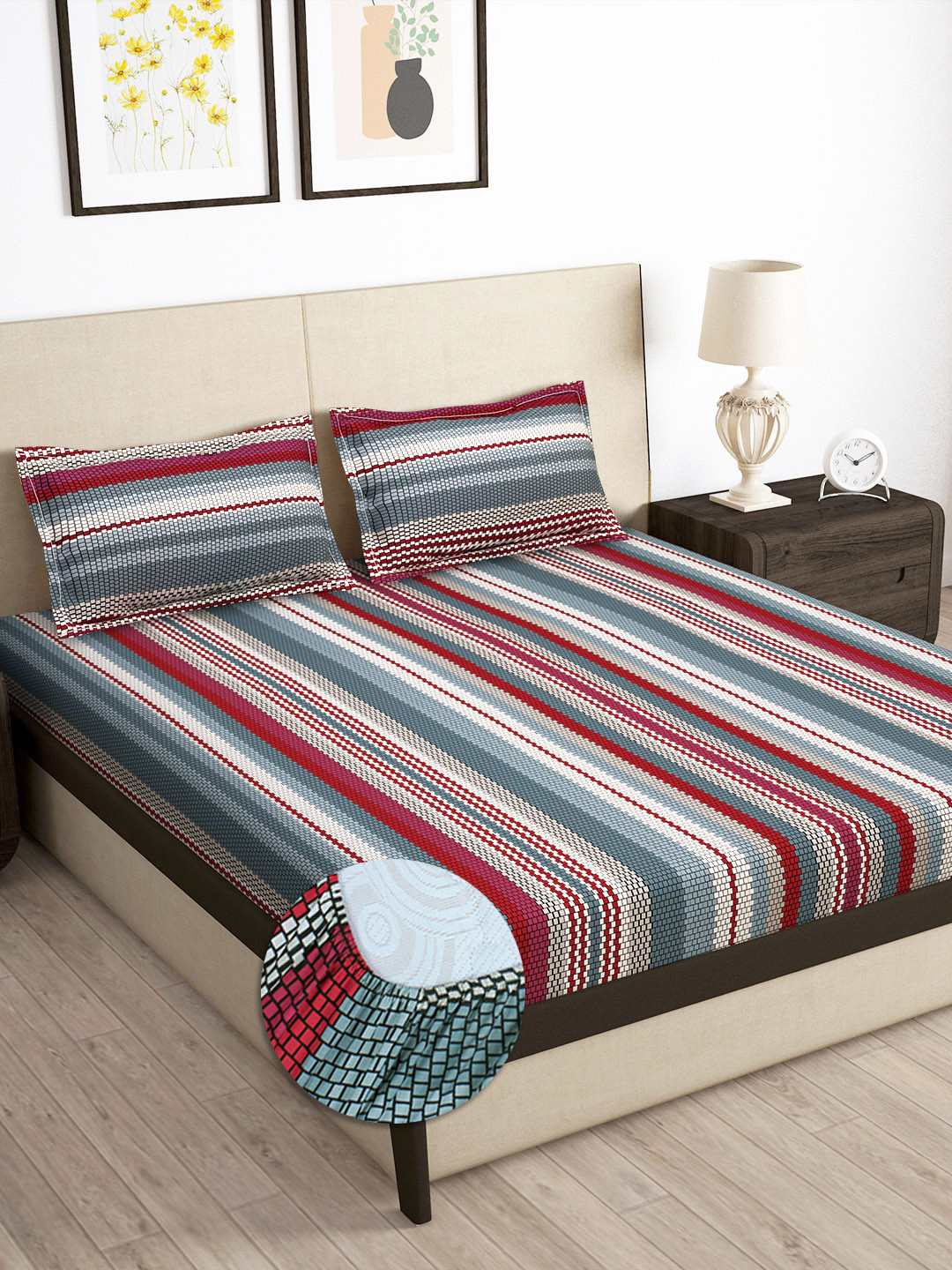 

Story@home Grey & Red Geometric 180 TC Fitted Queen Bedsheet With 2 Pillow Covers