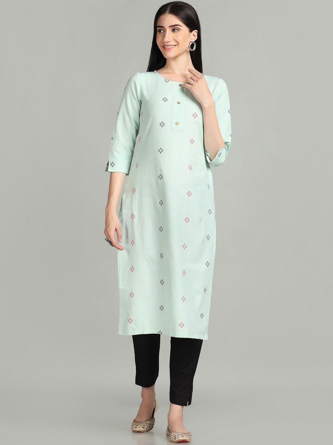 

HRITIKA Self Design Striped Boat Neck Pure Cotton Kurta, Sea green