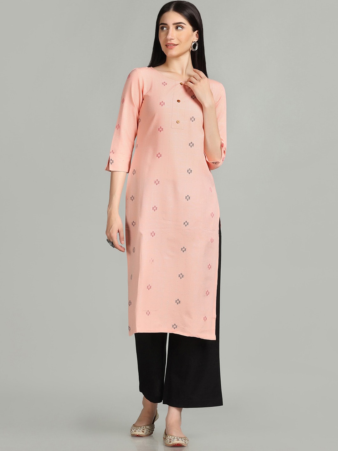 

HRITIKA Woven Design Boat Neck Pure Cotton Kurta, Peach