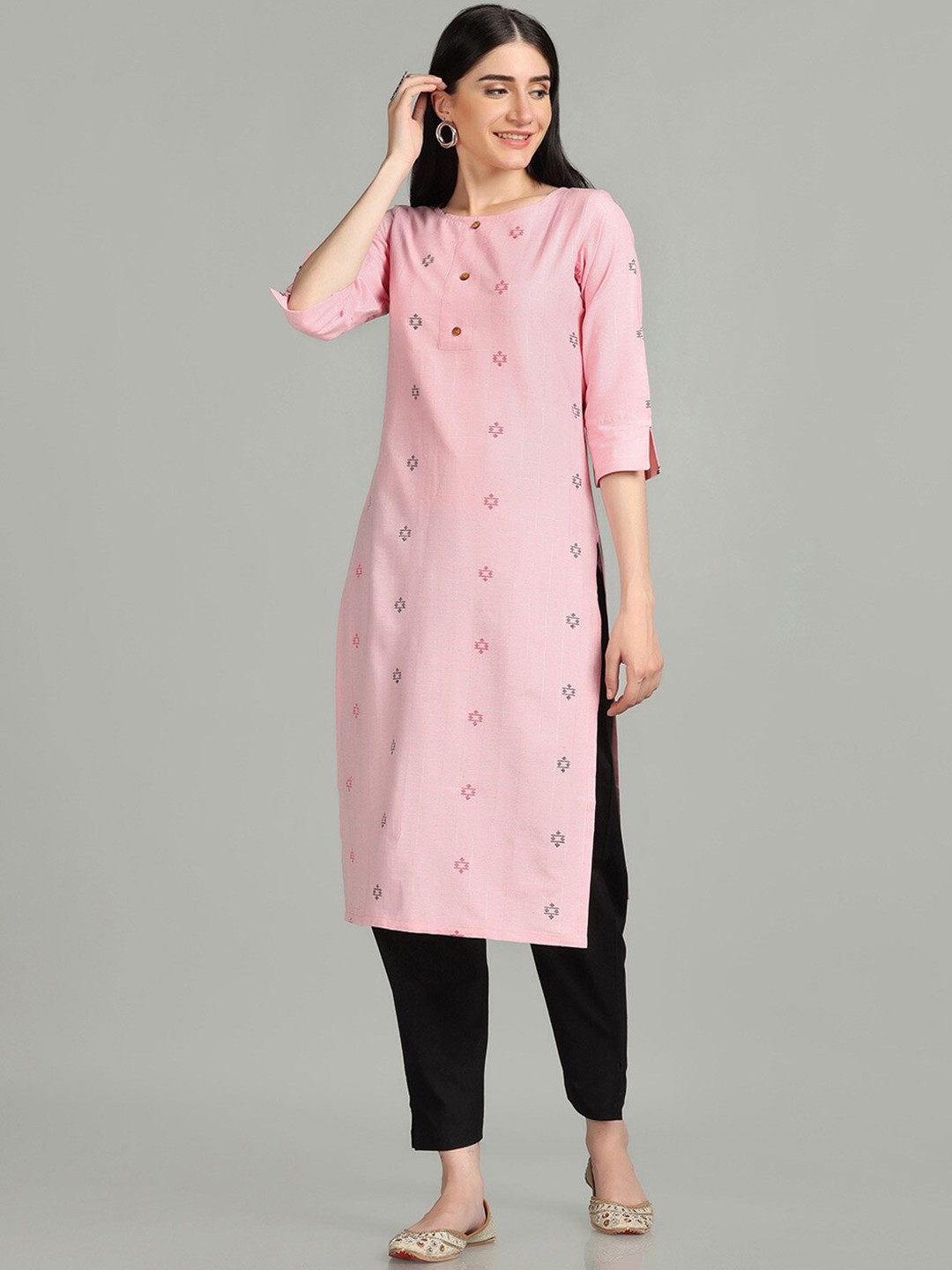 

HRITIKA Woven Design Boat Neck Pure Cotton Kurta, Pink