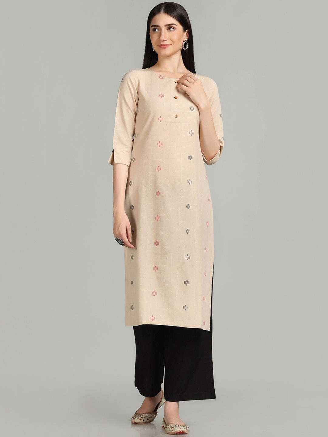 

HRITIKA Woven Design Boat Neck Pure Cotton Straight Kurta, Beige