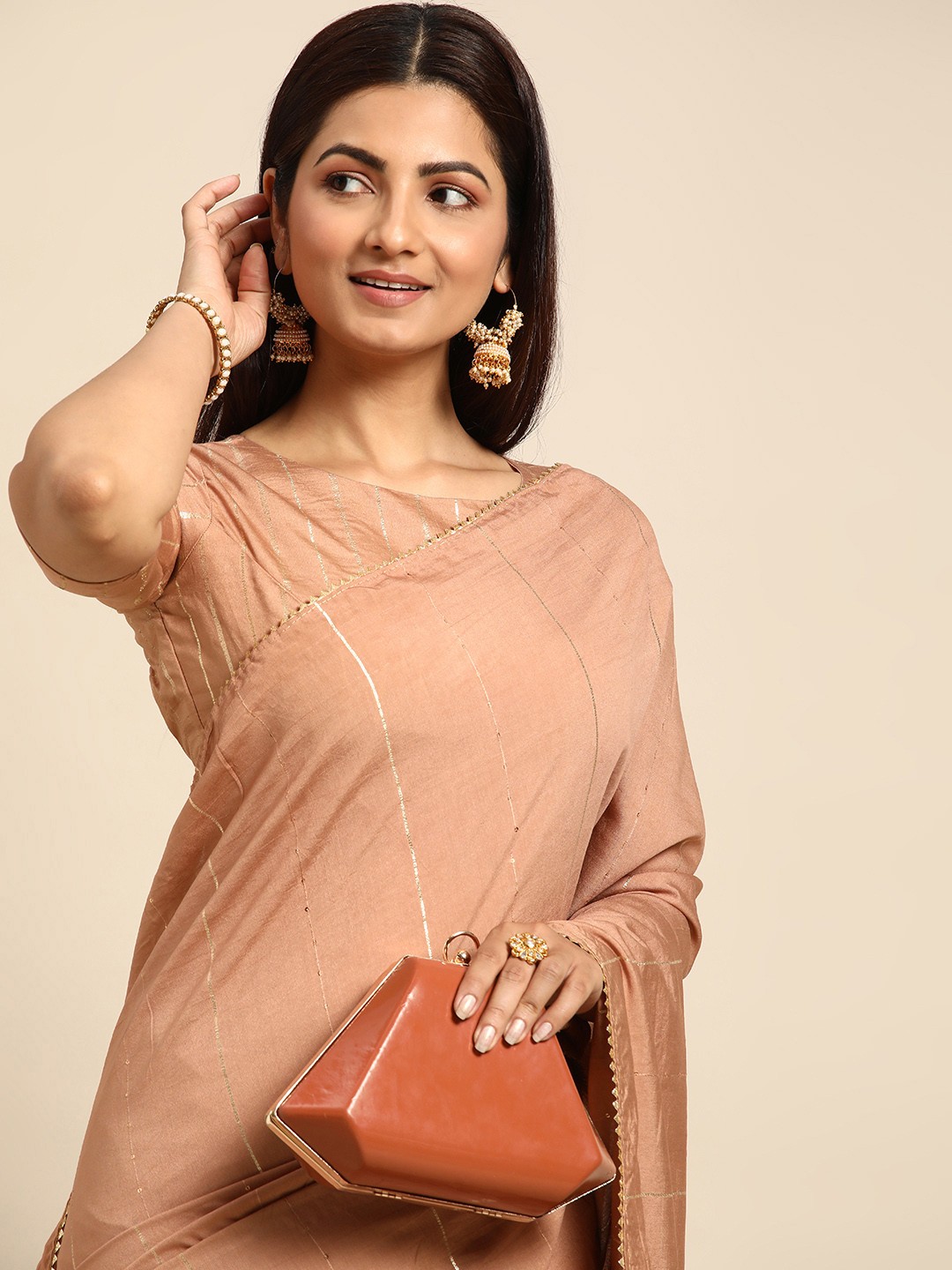 

LOOKNBOOK ART Striped Sequinned Chanderi Saree, Cream