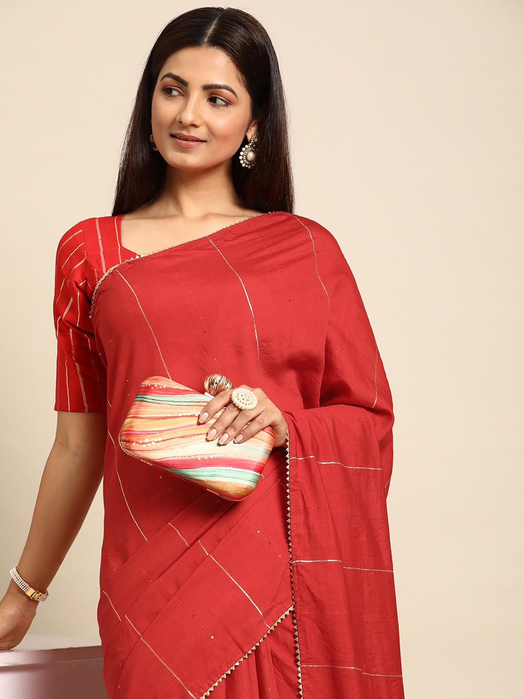 

LOOKNBOOK ART Striped Sequinned Chanderi Saree, Red