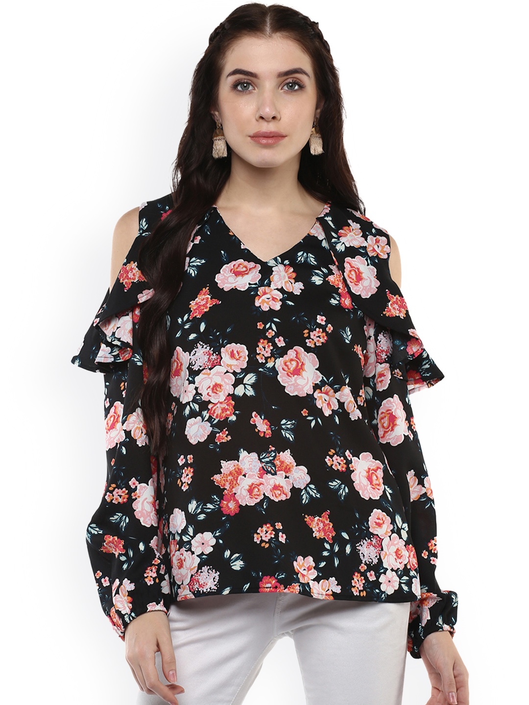 

Harpa Women Black Floral Print Cold Shoulder Top