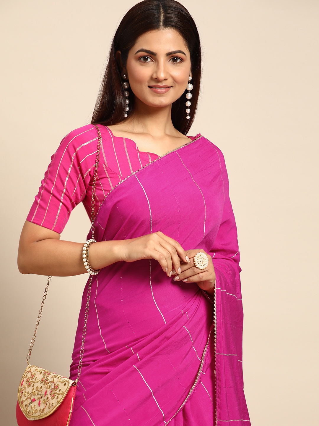 

LOOKNBOOK ART Striped Sequinned Chanderi Saree, Pink