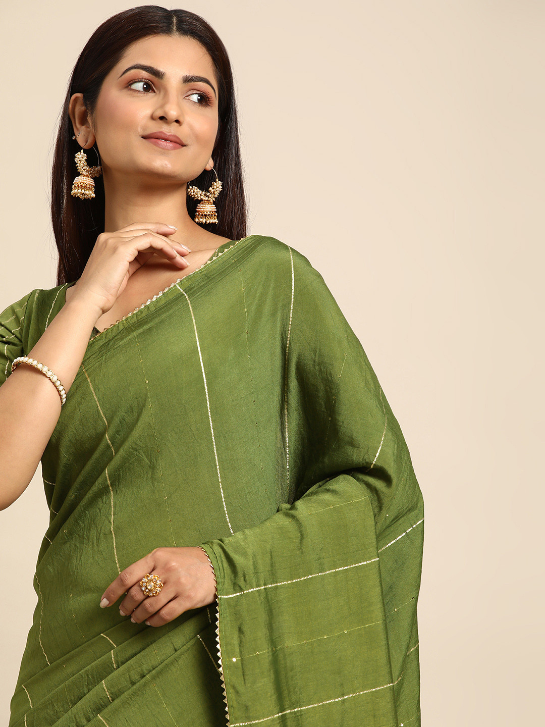 

LOOKNBOOK ART Striped Sequinned Chanderi Saree, Olive