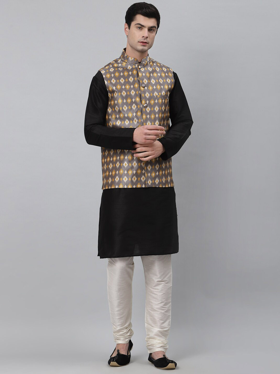 

NEUDIS Mandarin Collar Dupion Silk Kurta & Churidar Set With Patola Print Nehru Jacket, Grey
