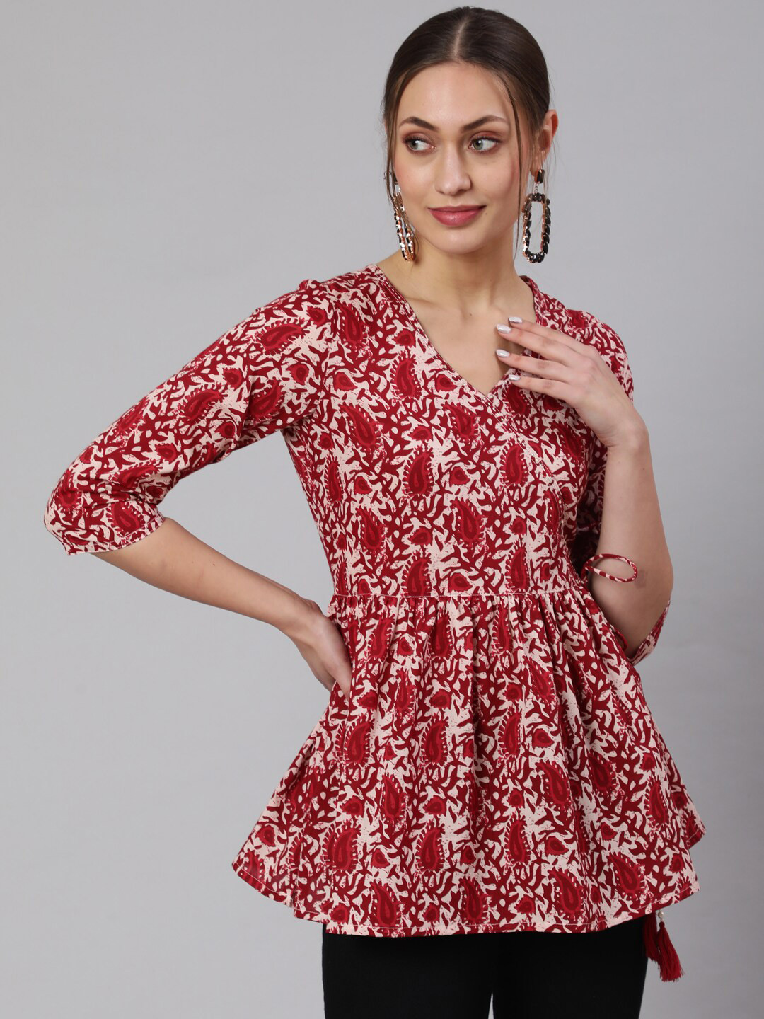 

Jaipur Kurti Floral Printed V Neck Cotton Wrap Top, Maroon