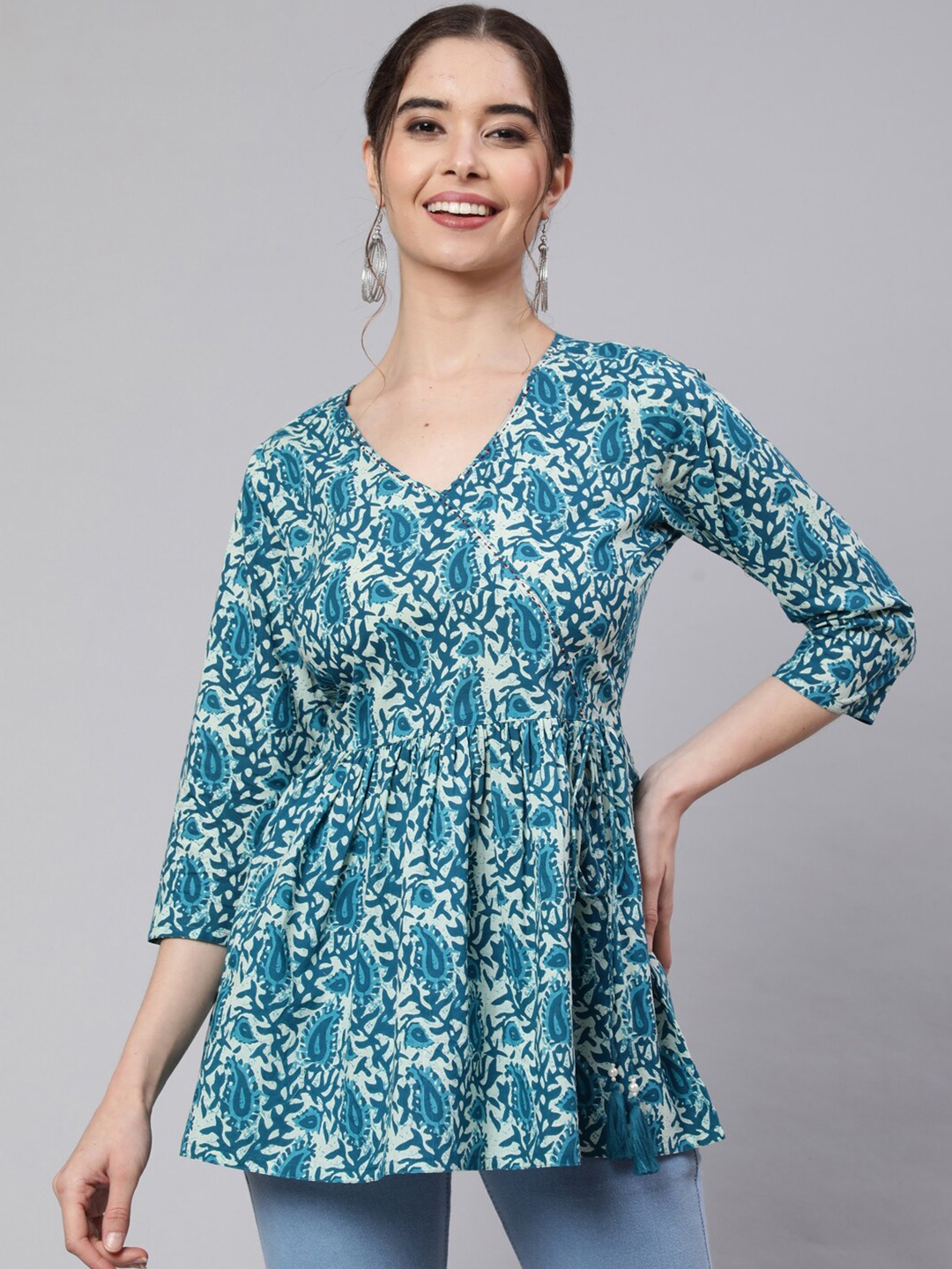 

Jaipur Kurti Cotton Floral Print Cotton Top, Turquoise blue