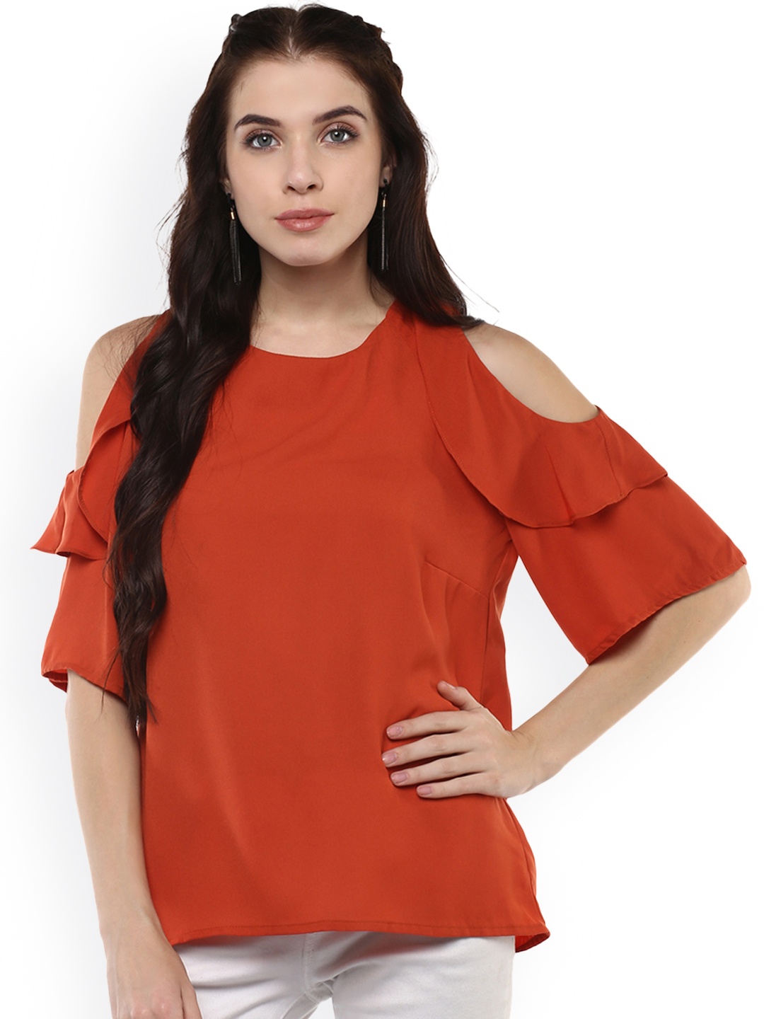 

Harpa Women Rust Orange Solid Cold Shoulder Top