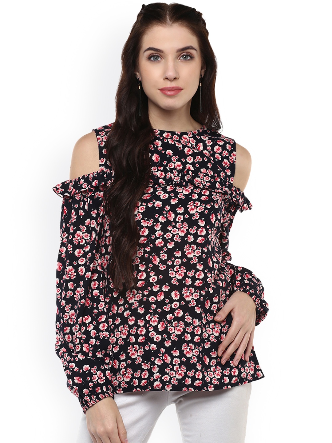 

Harpa Women Navy Floral Print Cold Shoulder Top, Navy blue
