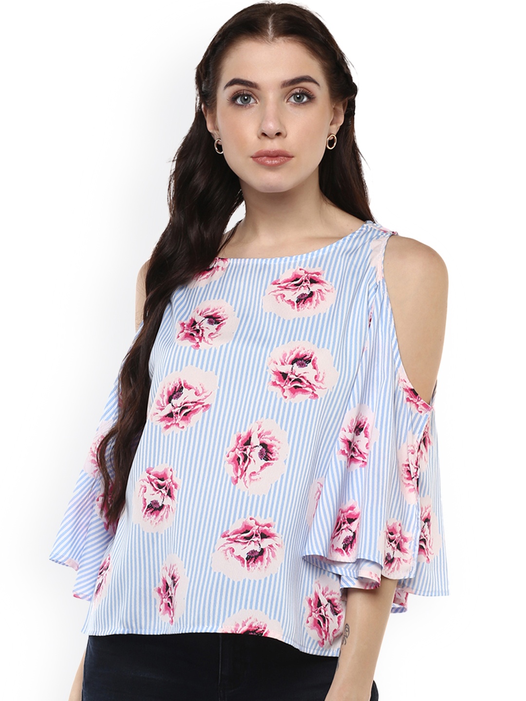 

Harpa Women Blue & White Floral Print & Striped Top