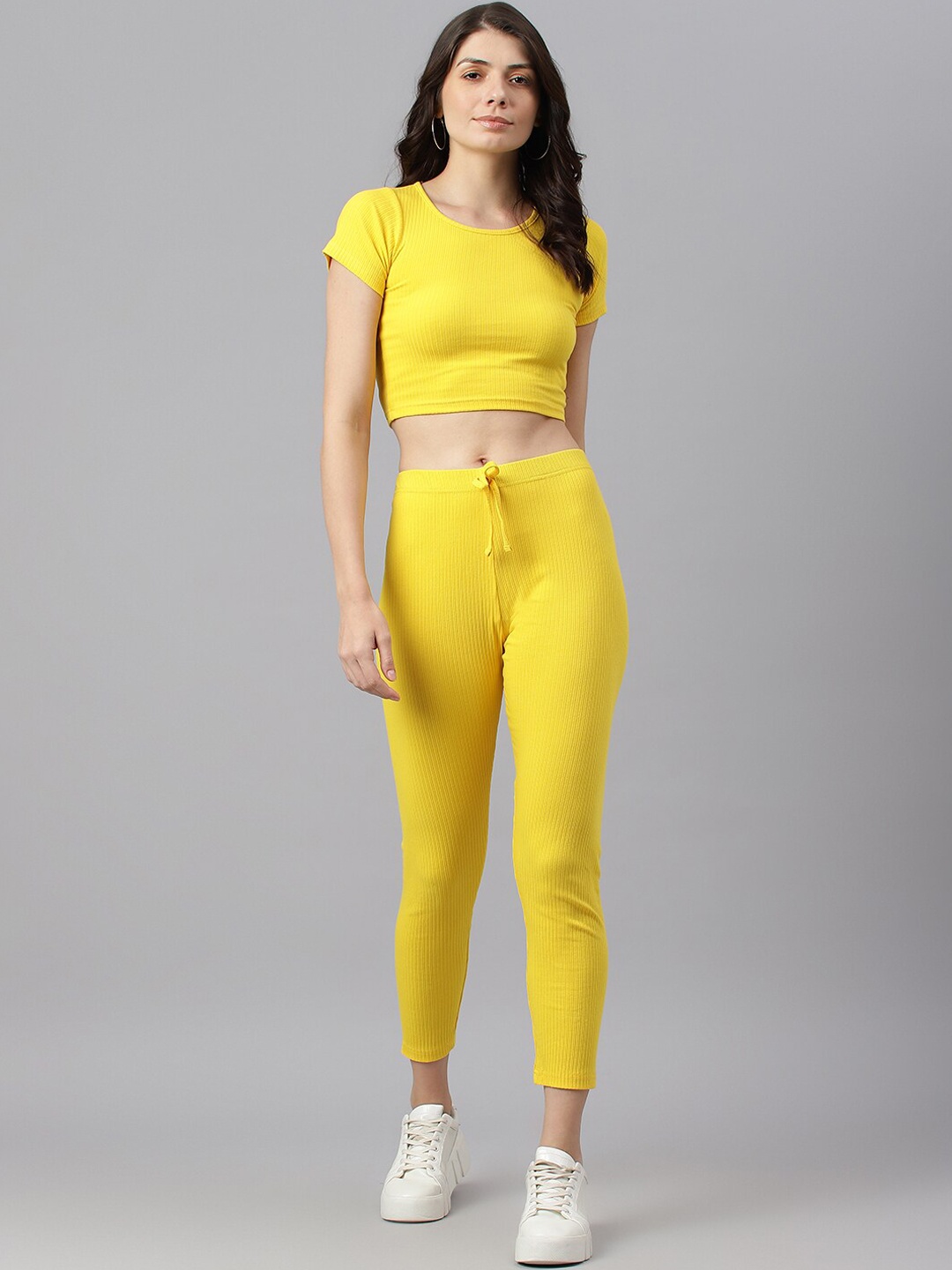 

GUTI Women Ribbed Crop Top &Trouser Co-Ord, Yellow