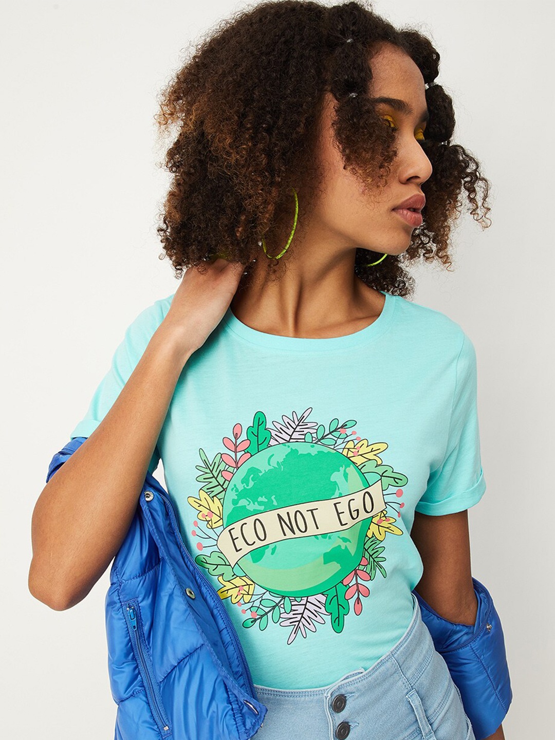 

max Graphic Printed Round Neck Pure Cotton T-shirt, Blue