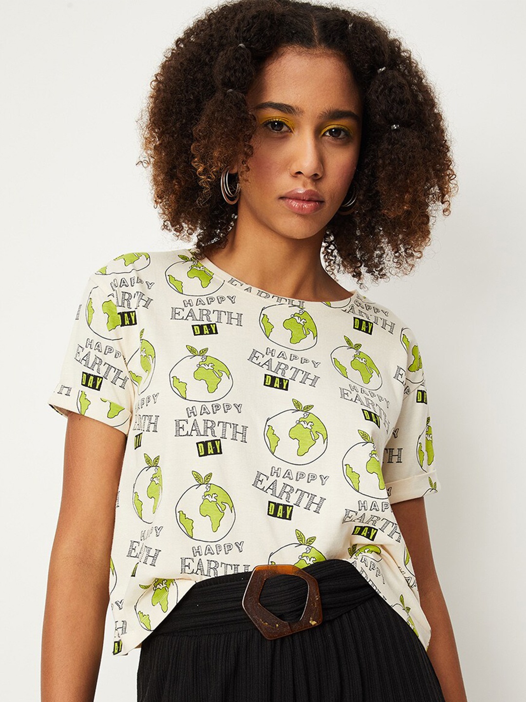 

max Typographic Printed Pure Cotton Crop T-Shirt, Beige