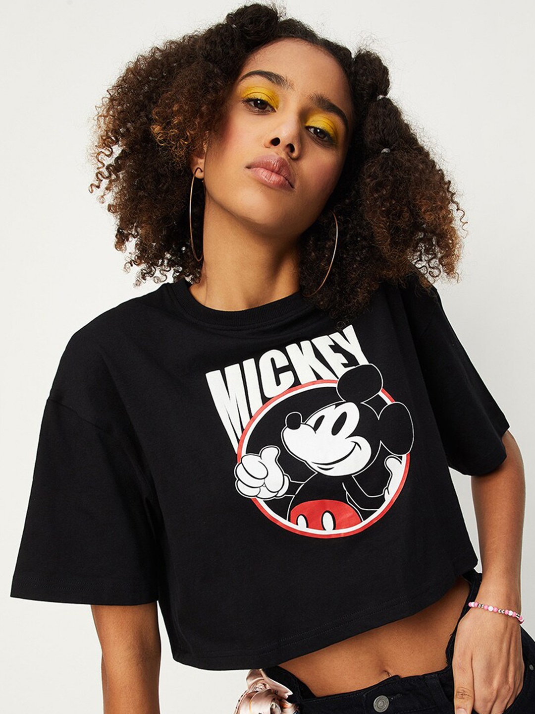 

max Mickey Mouse Printed Pure Cotton T-shirt, Black