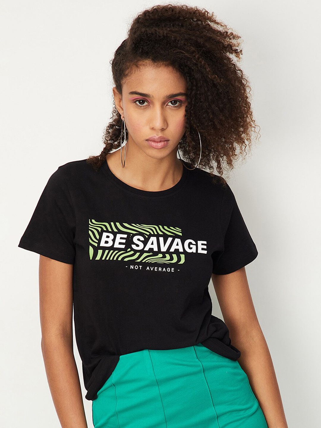

max Typography Printed Pure Cotton Casual T-shirt, Black