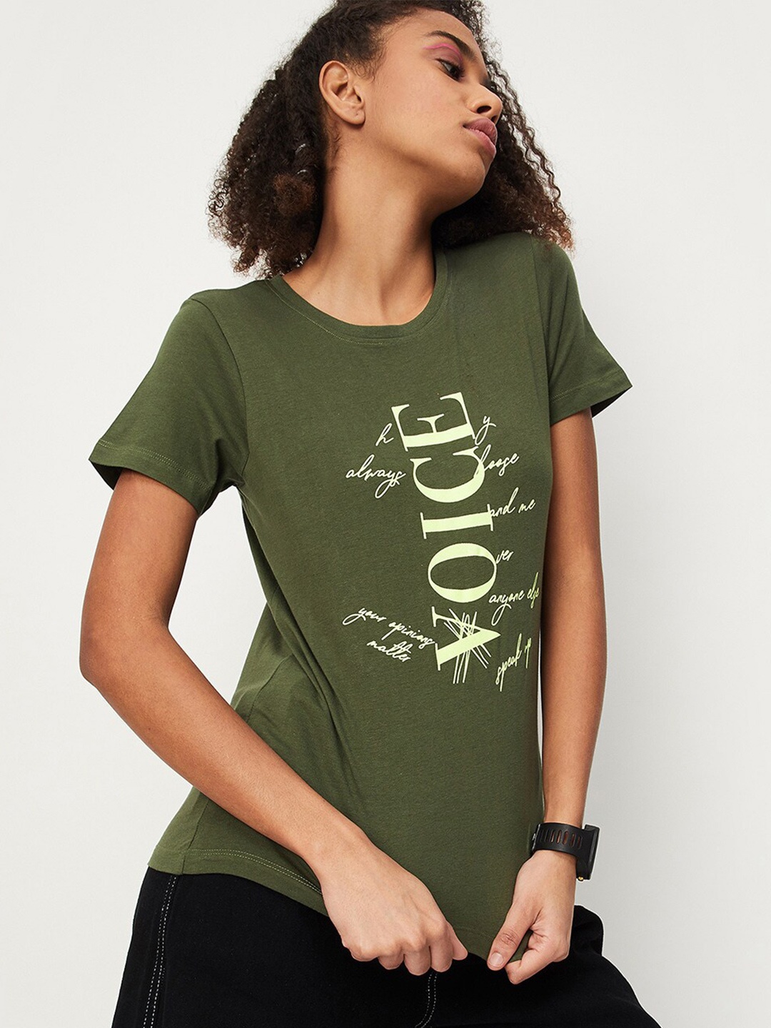 

max Typography Printed Pure Cotton T-shirt, Olive