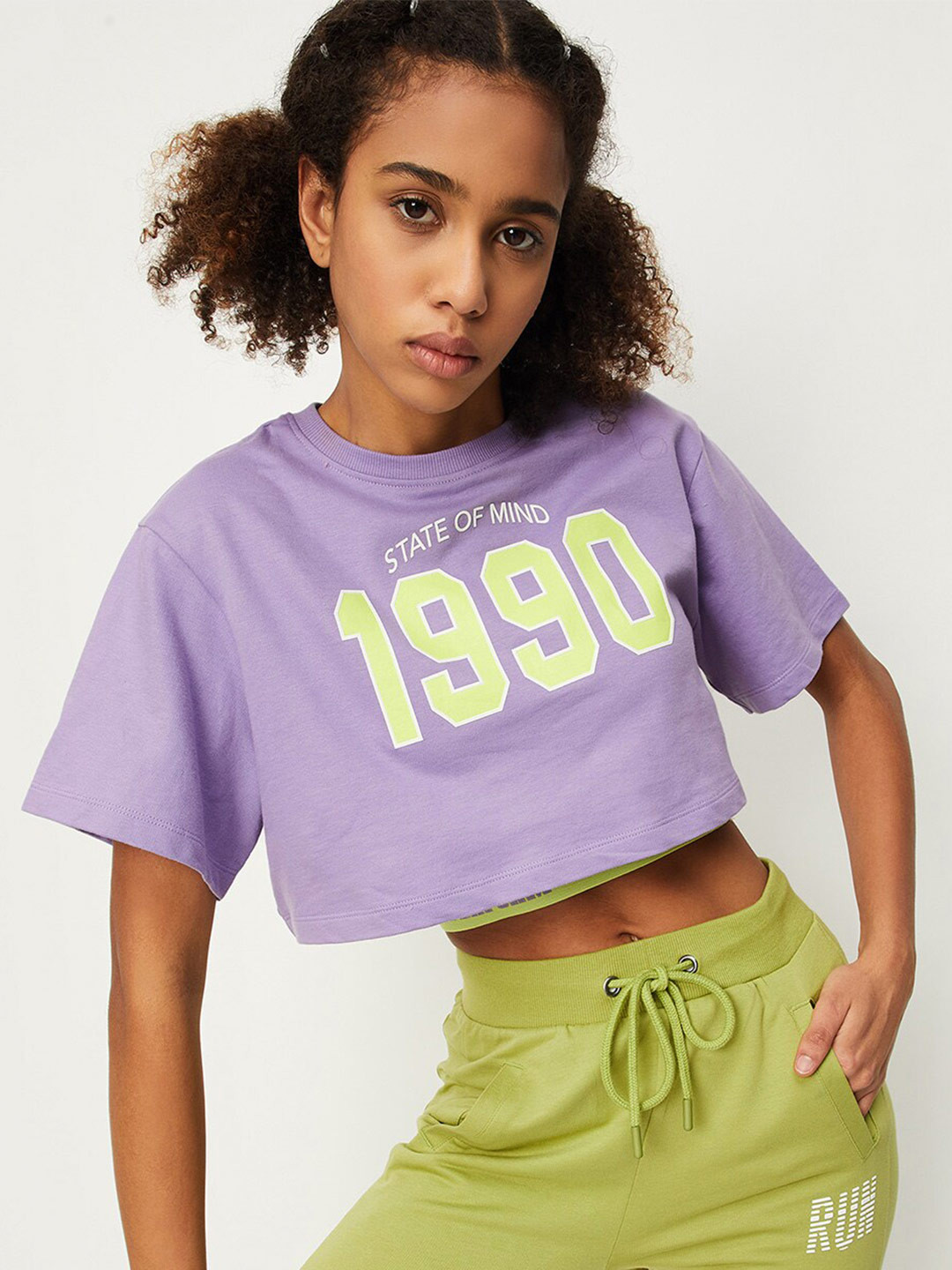 

max Typography Printed Drop-Shoulder Sleeves Loose Fit Pure Cotton Crop T-shirt, Purple