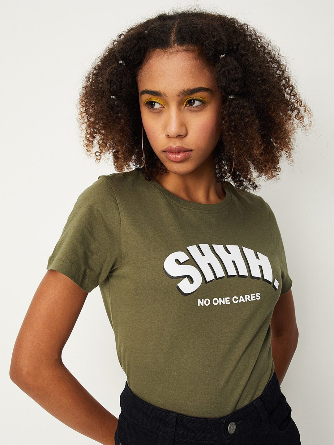 

max Typography Printed Round Neck Pure Cotton T-shirt, Olive