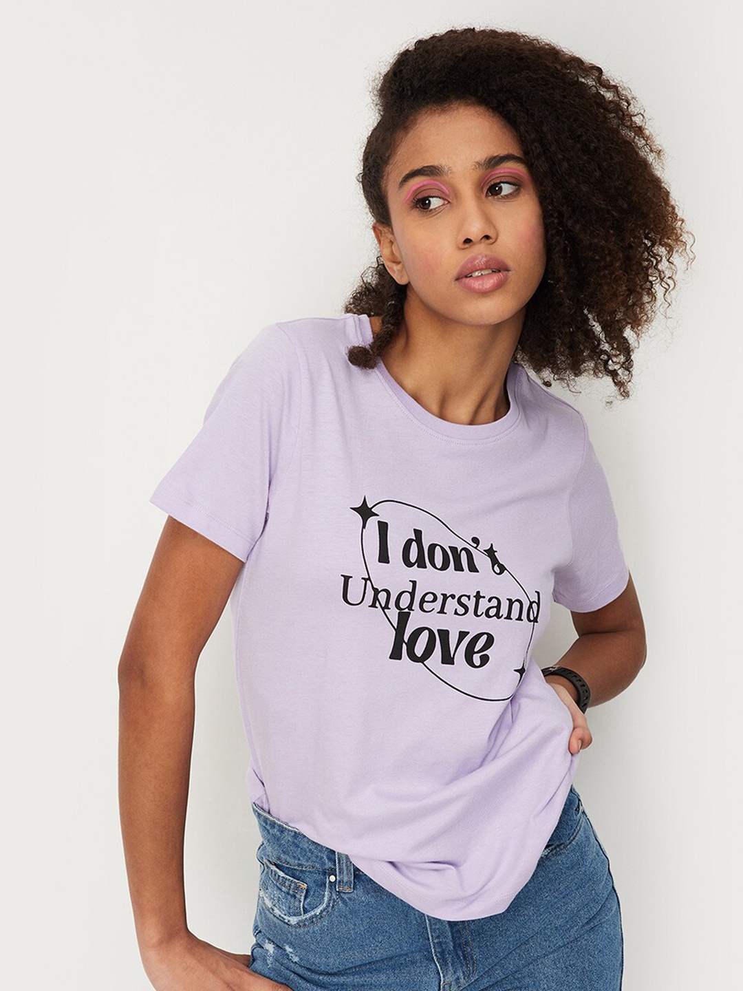 

max Typography Printed Cotton T-shirt, Purple