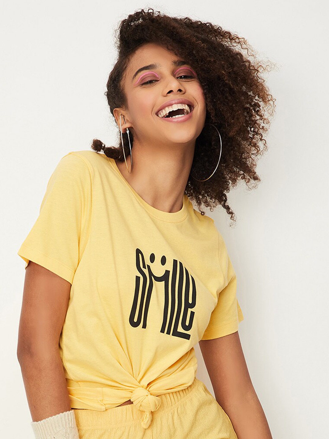 

max Typography Printed Round Neck Cotton T-shirt, Yellow