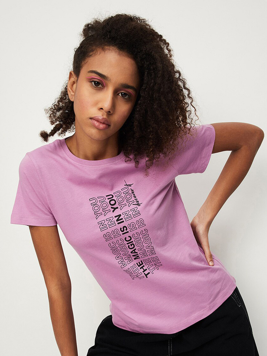 

max Typography Printed Pure Cotton T-shirt, Purple