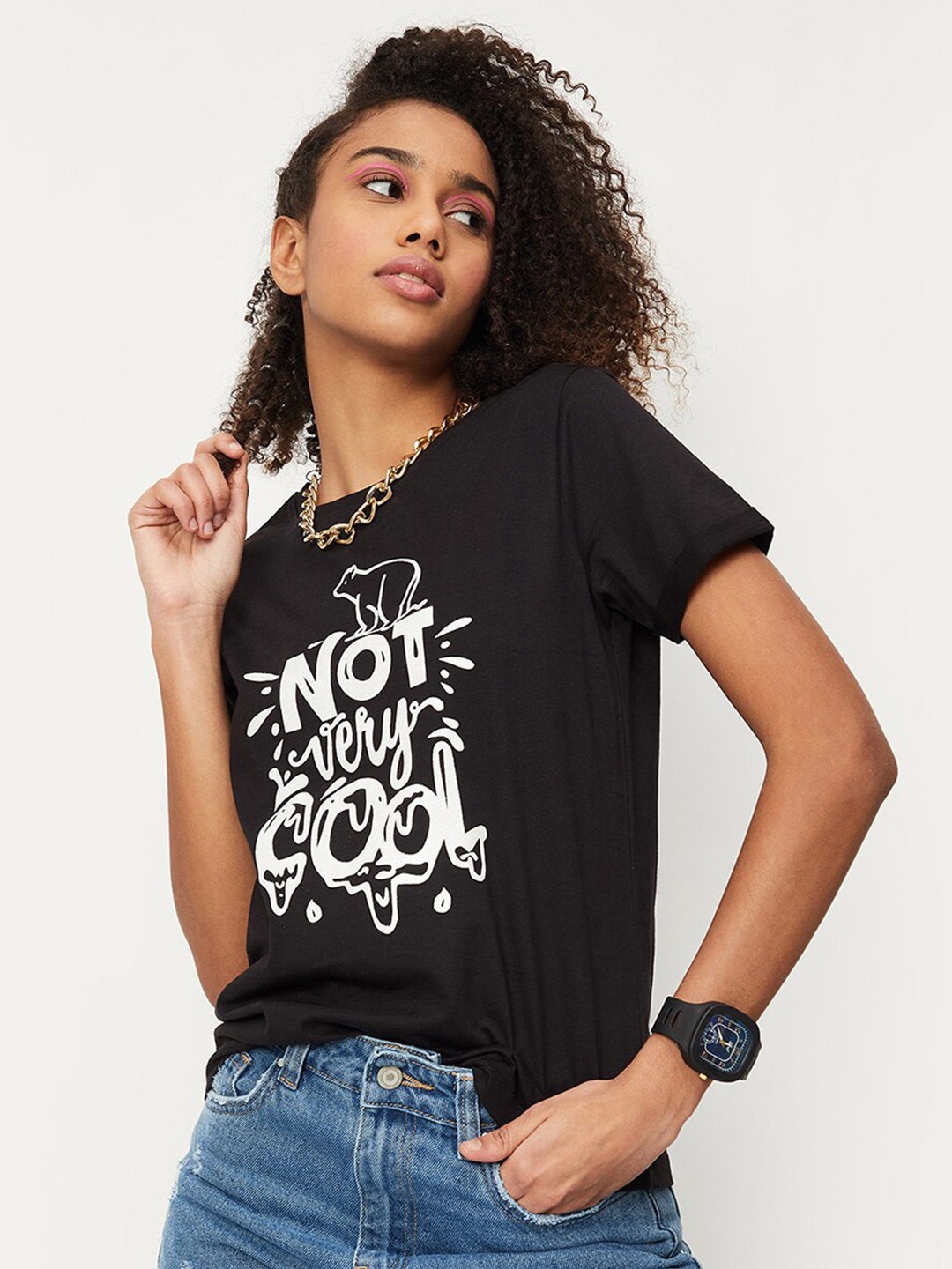 

max Women Typography Round Neck Pure Cotton T-shirt, Black