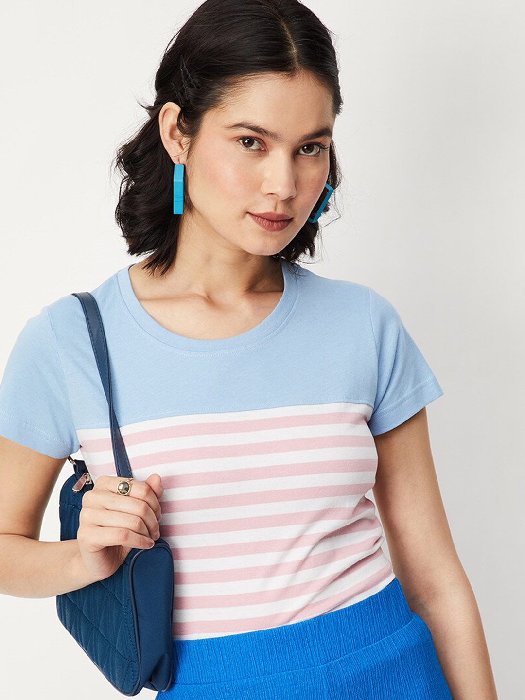 

max Striped Round Neck Cotton T-shirt, Blue