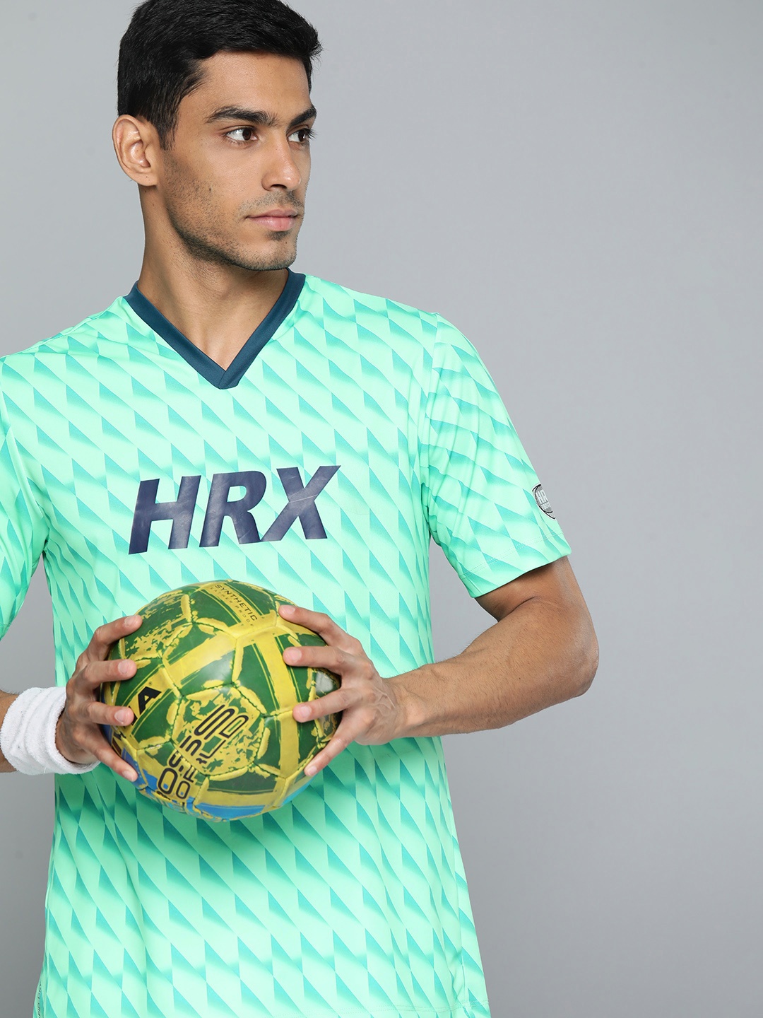 

HRX by Hrithik Roshan Men Green & Blue Printed V-Neck T-shirt