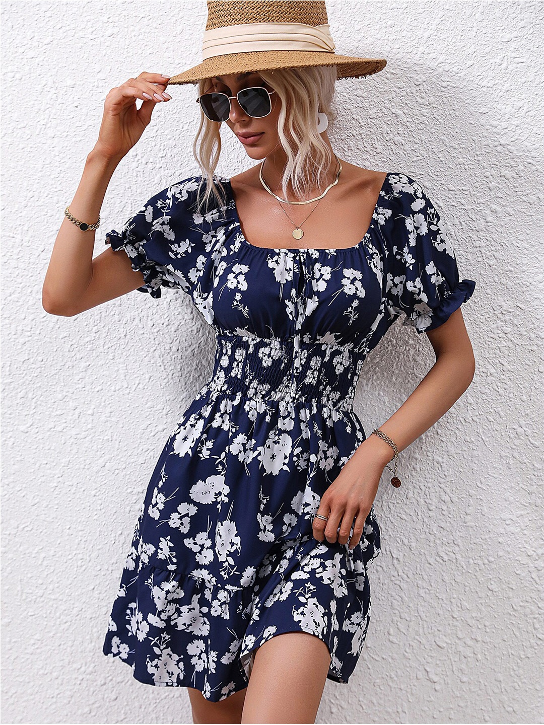 

StyleCast Square Neck Floral Printed Smocked A-Line Mini Dress, Navy blue