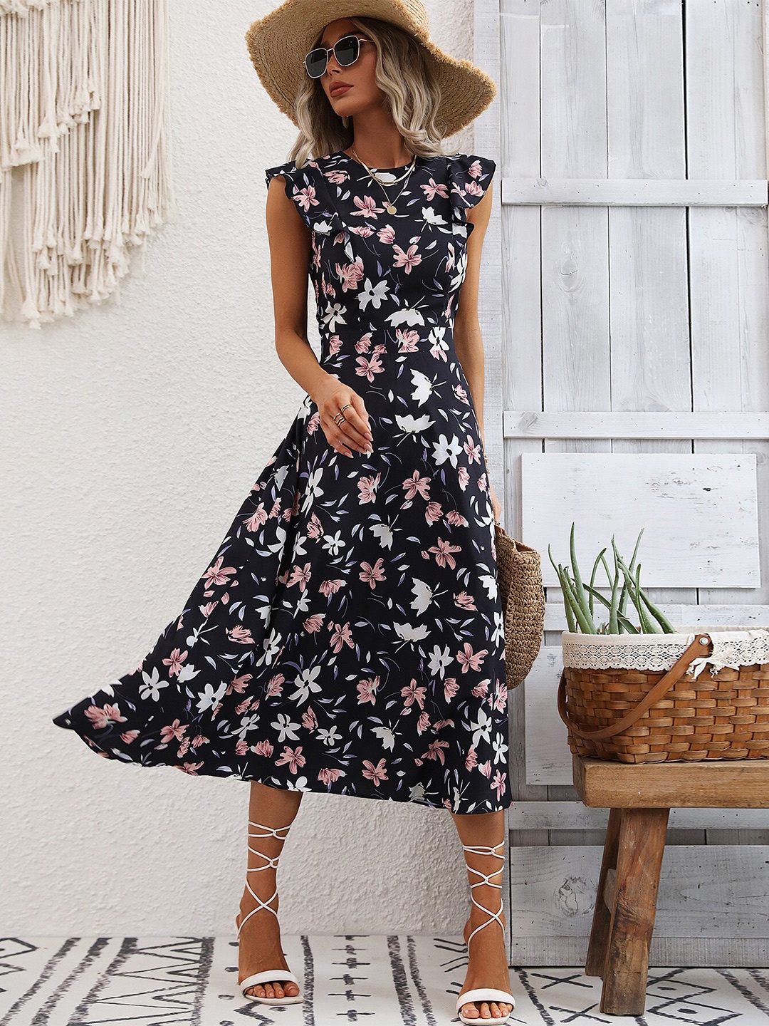 

BoStreet Round Neck Floral Printed Fit & Flare Midi Dress, Navy blue