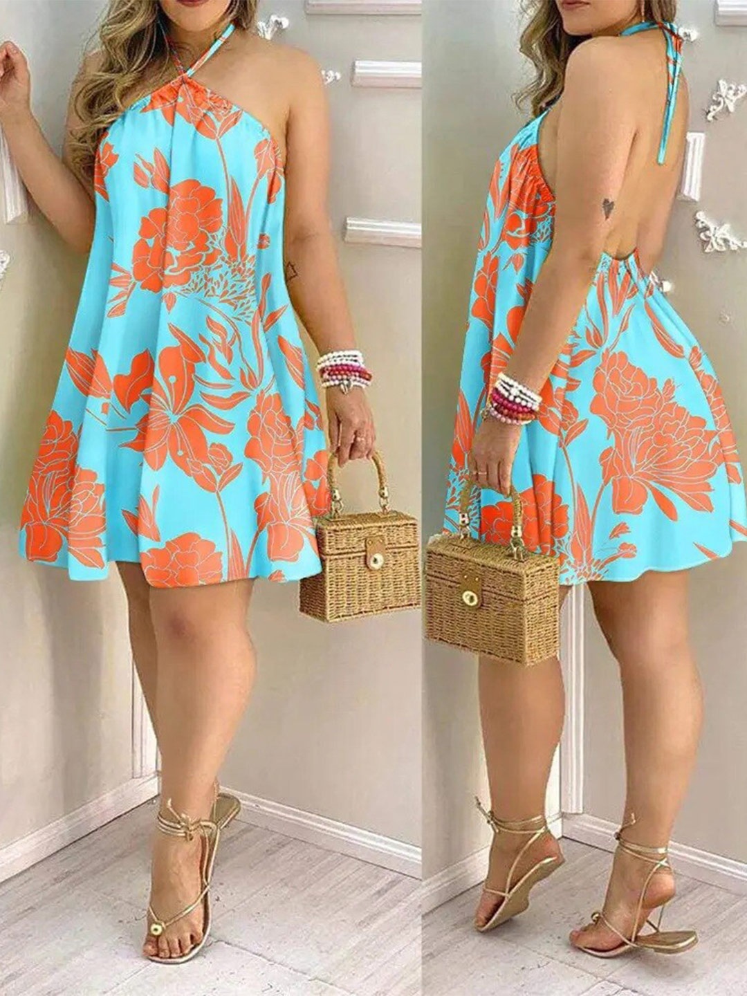 

StyleCast Halter Neck Floral Printed A-Line Dress, Orange