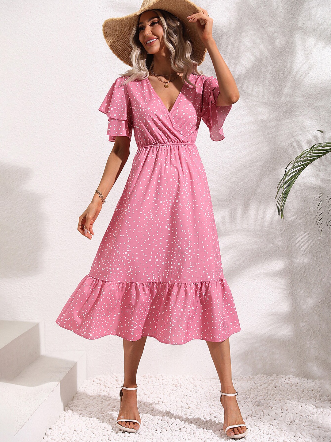 

BoStreet V-Neck Polka Dots Printed A-Line Midi Dress, Pink