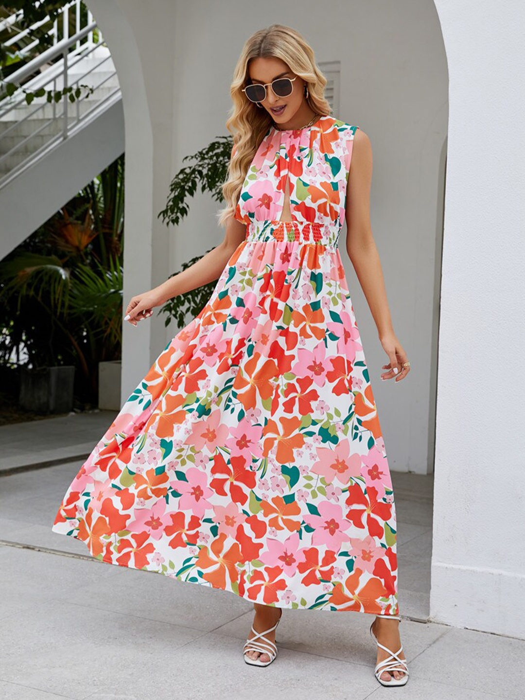 

BoStreet Round Neck Floral Printed Cut Out Smocked Maxi Dress, Pink