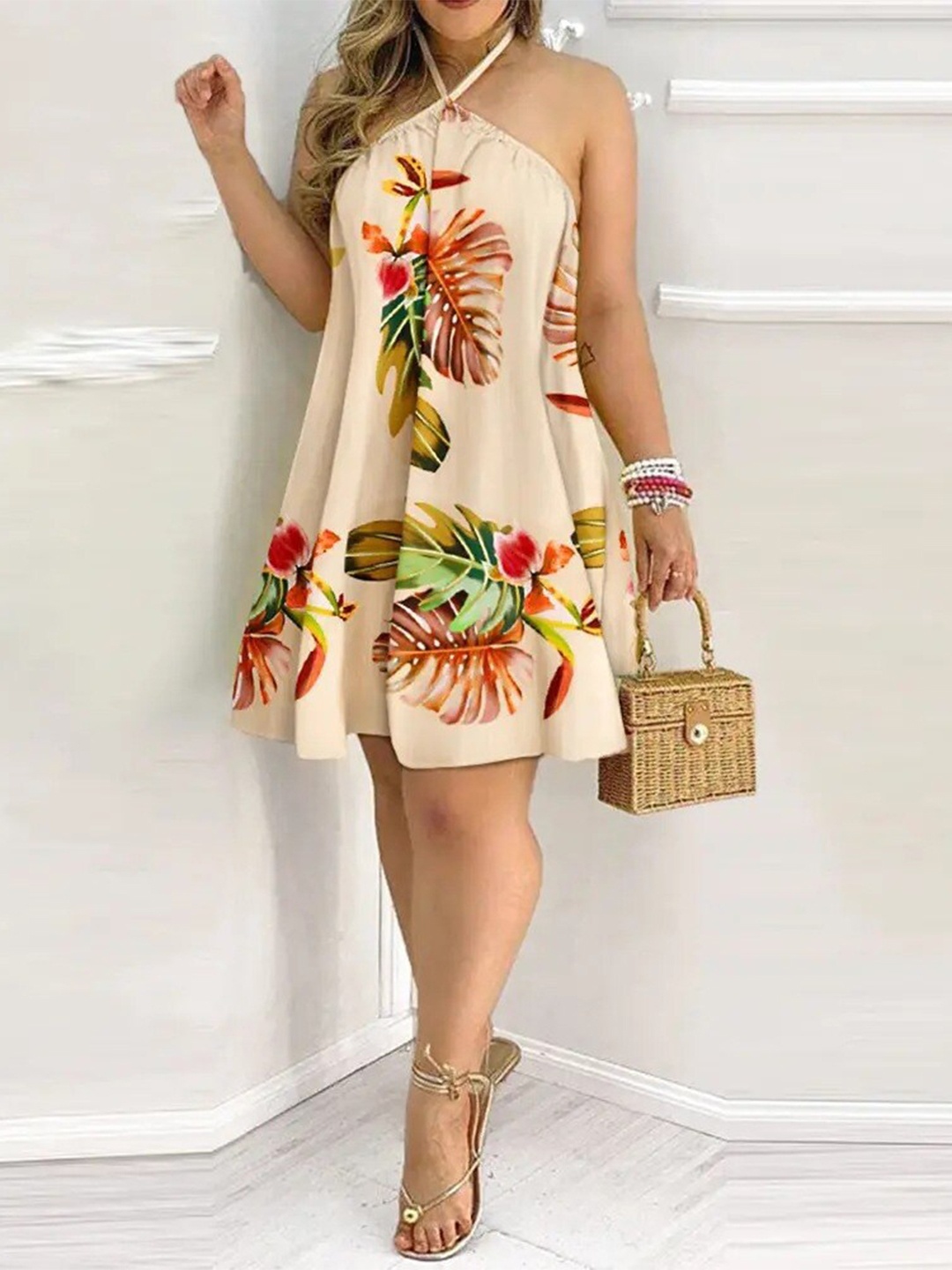 

StyleCast Floral Printed Halter Neck A-Line Dress, Beige