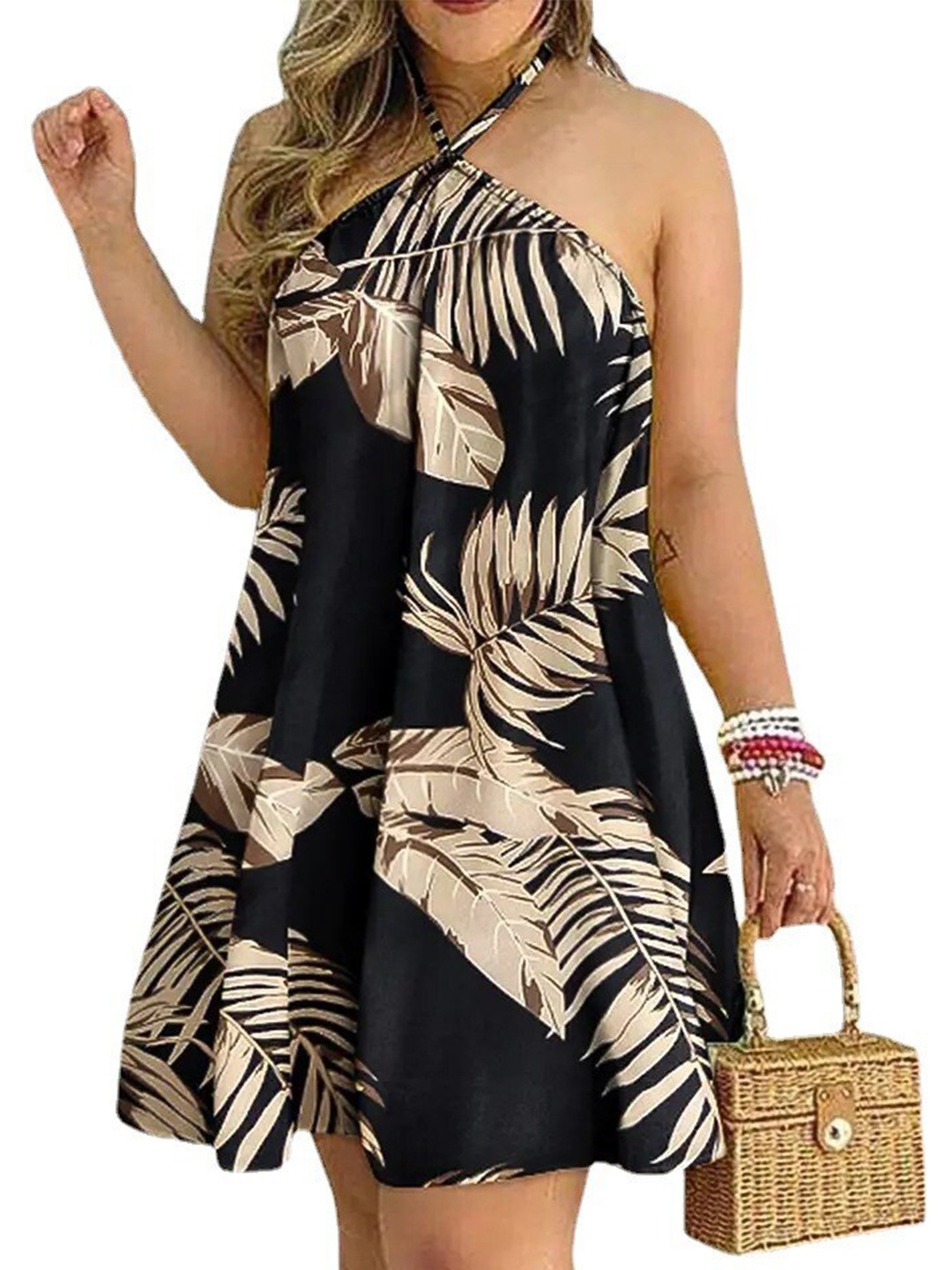 

StyleCast Halter Neck Tropical Printed A-Line Dress, Black