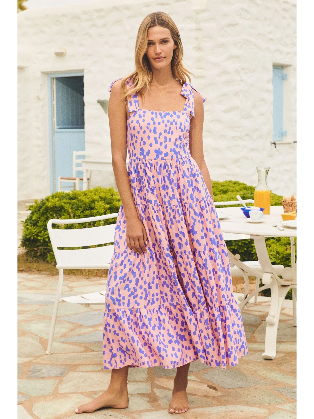 

StyleCast Shoulder Straps Abstract Printed Smocked Tiered Maxi Dress, Pink