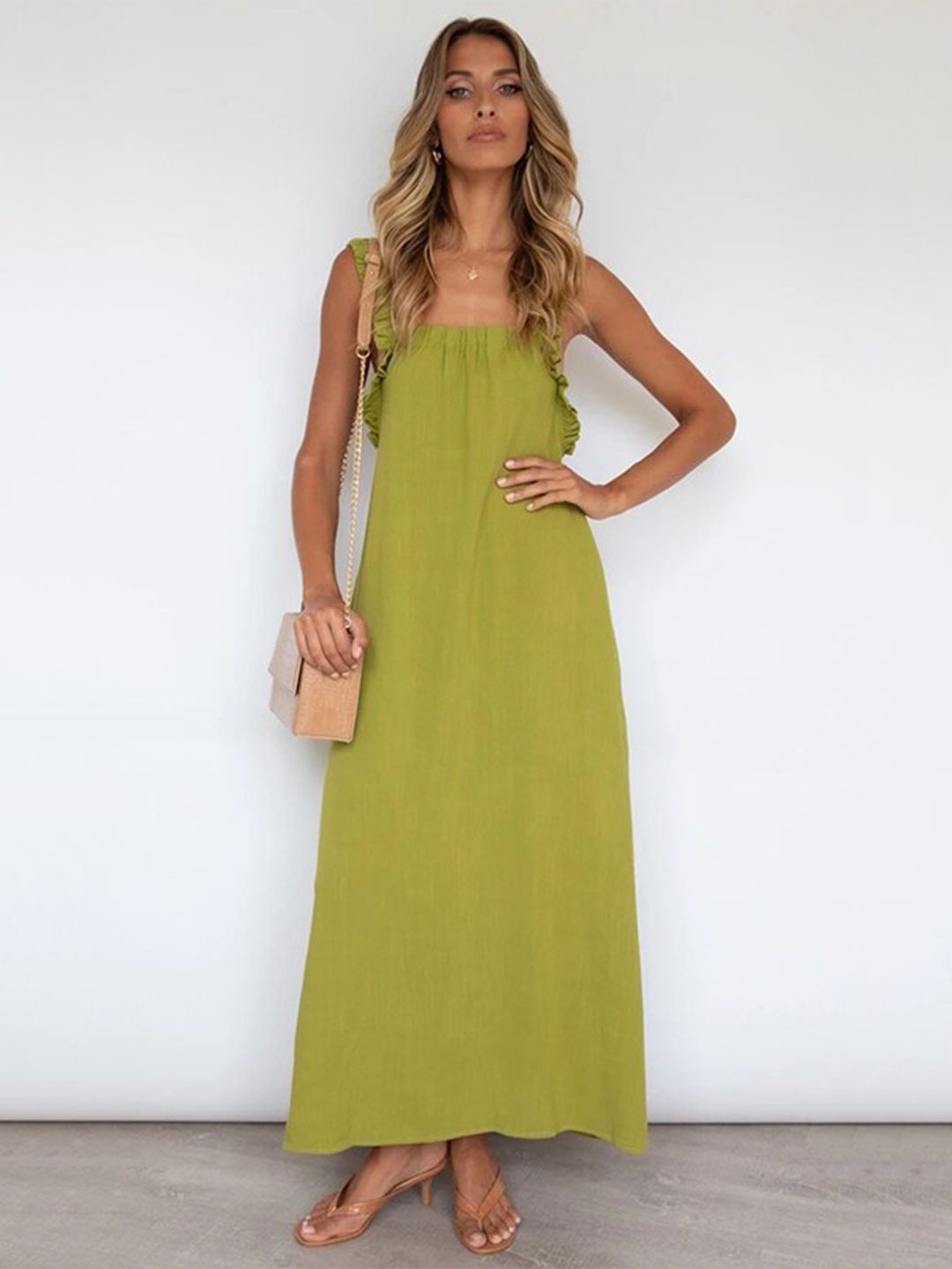 

StyleCast Shoulder Straps Ruffles A-Line Maxi Dress, Green