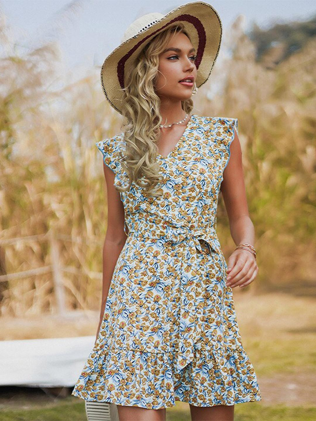 

BoStreet V-Neck Floral Printed Mini A-Line Dress With Belt, Blue