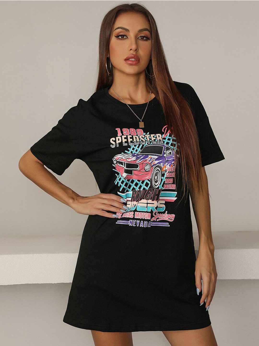 

BoStreet Graphic Printed T-Shirt Mini Dress, Black