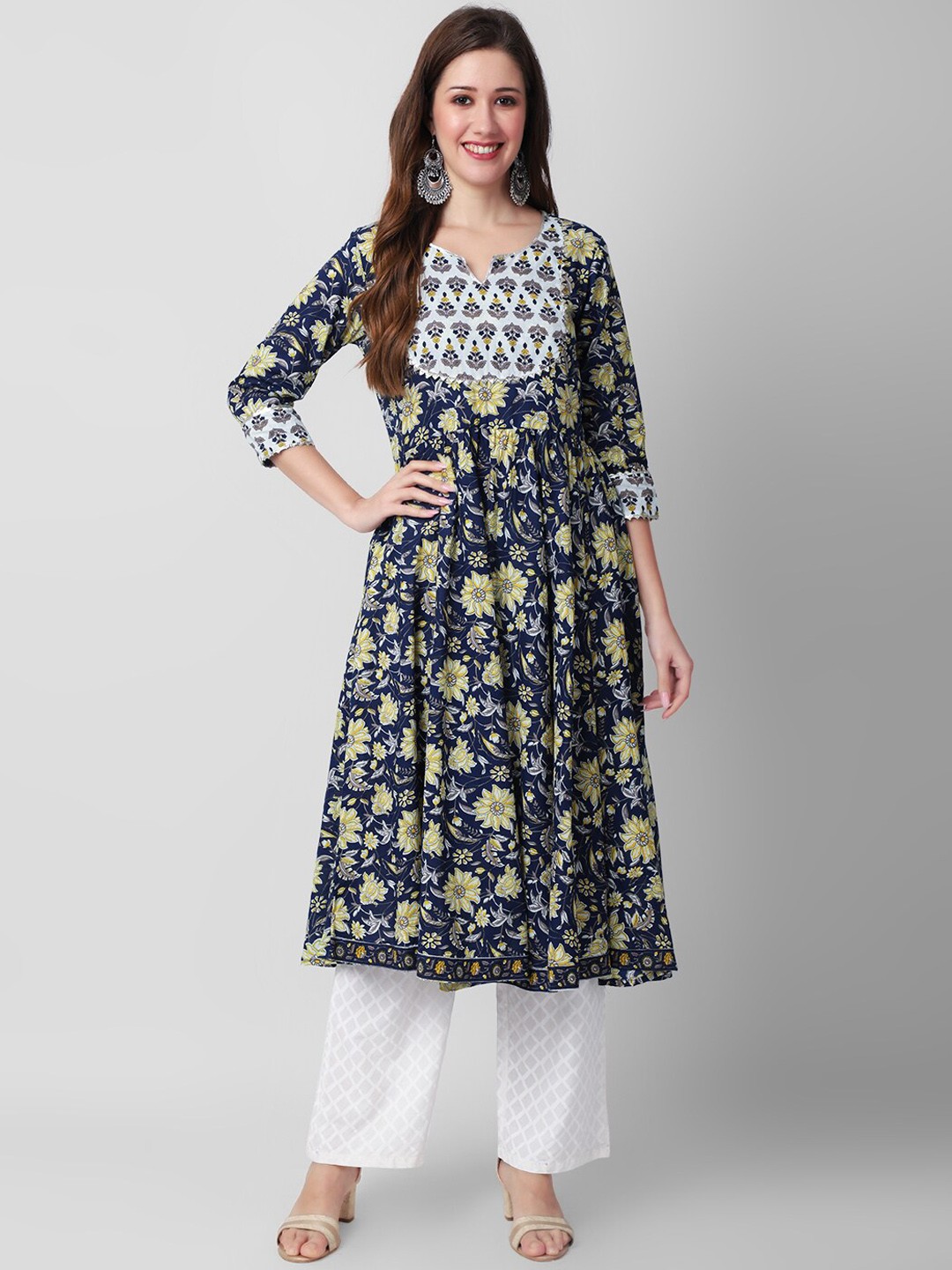 

KALINI Floral Printed Notched Neck Gotta Patti Pure Cotton Anarkali Kurta, Blue