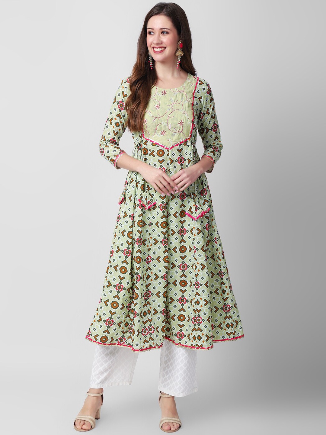 

KALINI Ethnic Motif Printed Thread Work Anarkali Pure Cotton Kurta, Green