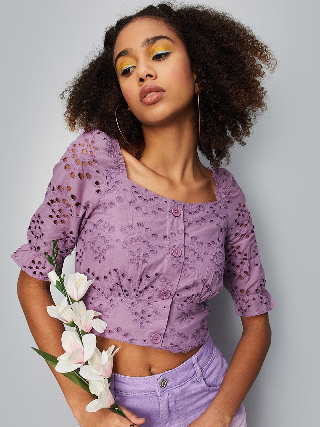 

max Floral Self Design Square Neck Puff Sleeves Cotton Crop Top, Purple