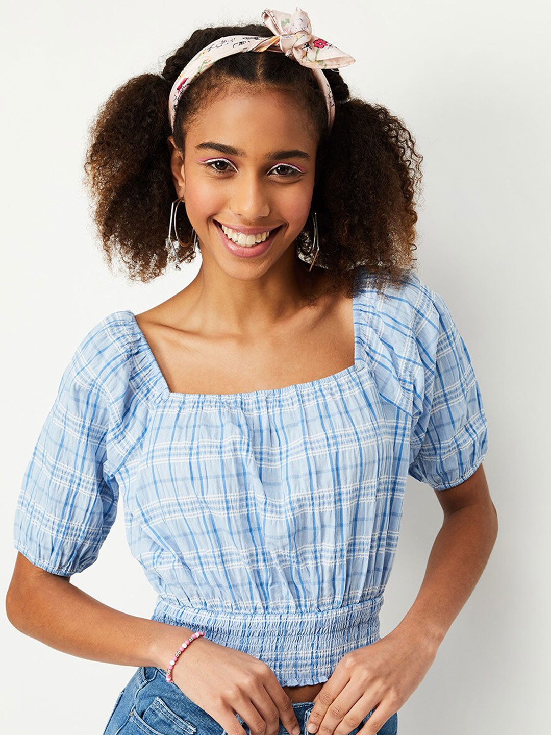 

max Checked Cotton Square Neck Puff Sleeves Blouson Crop Top, Blue