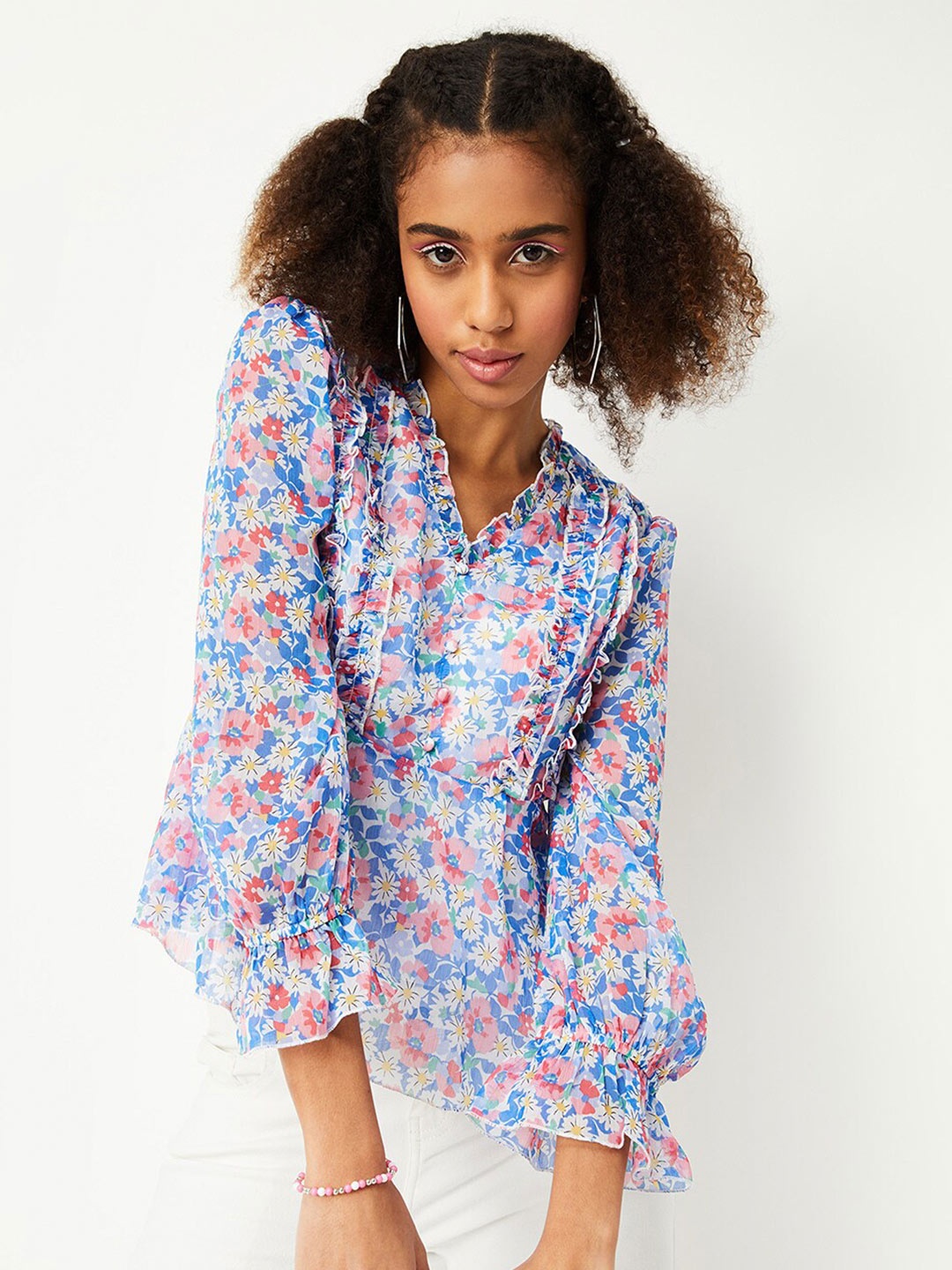 

max Floral Printed V-Neck Puff Sleeves A-Line Top, Blue