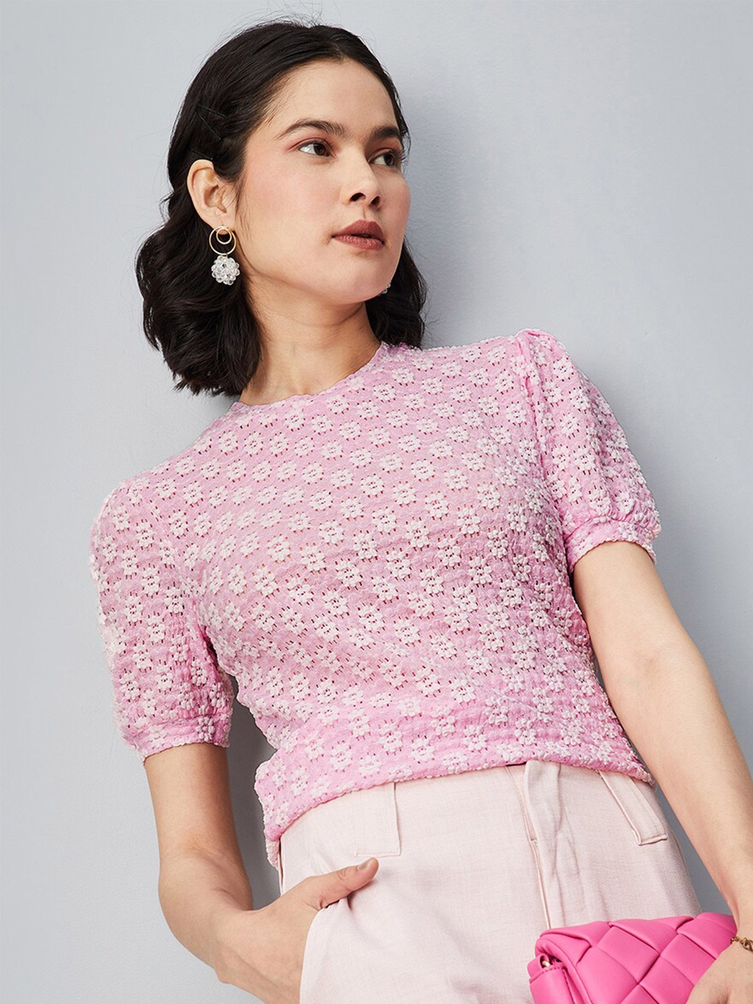 

max Floral Self Design Cotton Round Neck Puff Sleeves Top, Pink