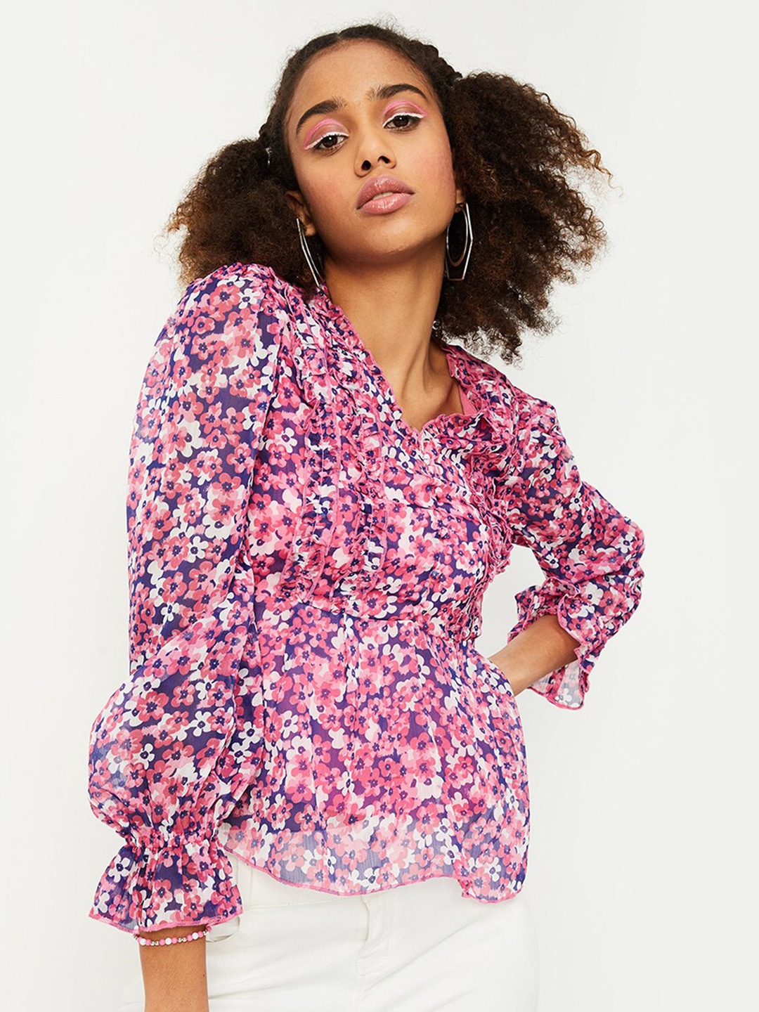 

max Floral Printed V-Neck Puff Sleeves Empire Top, Pink