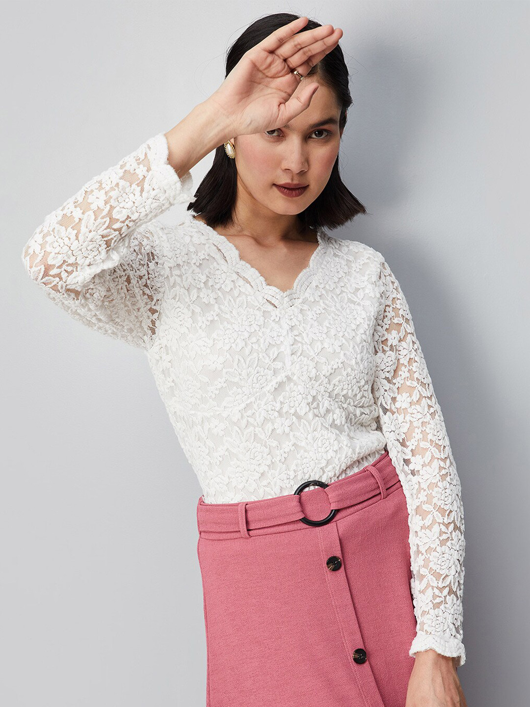

max Self Design Lace V-Neck A-Line Cotton Top, White